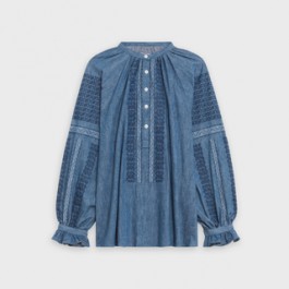  BLOUSE WITH FRILLED CUFFS IN LIGHTWEIGHT EMBROIDERED DENIM