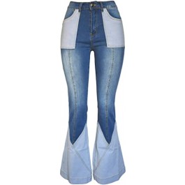 AODRUSA WOMEN PATCH FLARE JEANS BELL BOTTOM RAW HEM DENIM PANTS
