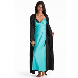 Prettysecrets Aqua Black Lace Long Night Dress & Black Wrap