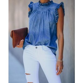 LAMARA BUTTON BACK RUFFLE DENIM TOP