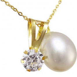 VP Jewels 18k Solid Gold 7mm White Pearl and Cubic Zircon Solitaire Pendant Necklace