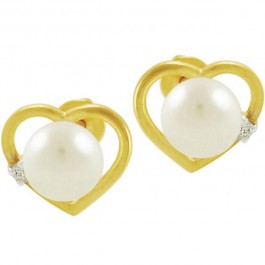 Vera Perla 10k Solid Gold and 0.05cts Diamonds 7mm Pearls Heart Earrings