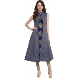 Women Solid Denim Frontslit Top