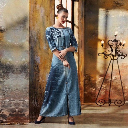 Trendy Blue Designer Pattern Embroidered Denim Top