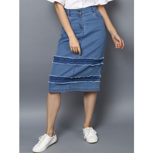 Women Blue Washed Denim Straight Skirt