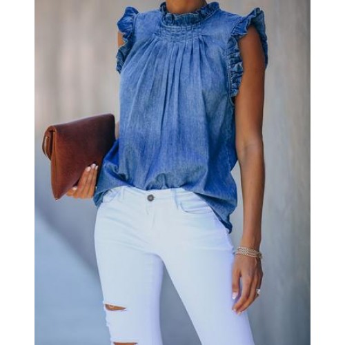 LAMARA BUTTON BACK RUFFLE DENIM TOP