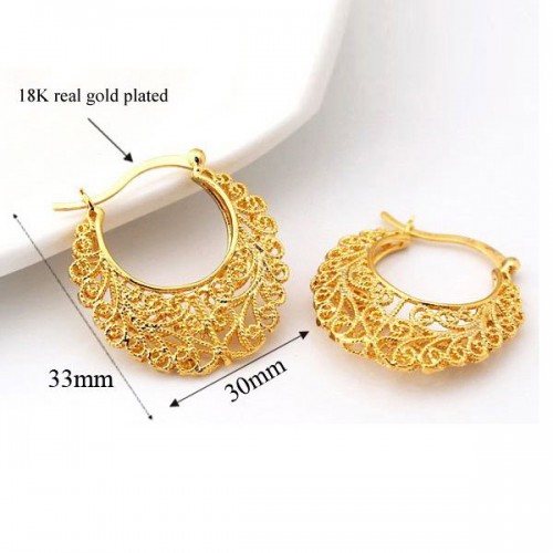 18k Real Gold Plated Excellent Craft Hollow Flowers Hoop Earrings
