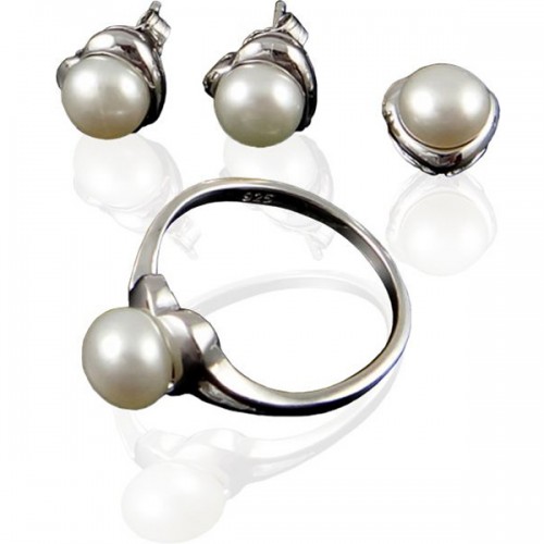VP Jewels 925 Sterling Silver and Natural Pearl Ring, Earring and Pendant Set