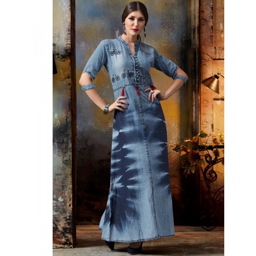 Light Blue Denim Long Embroidered Gown