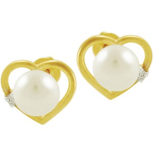 Vera Perla 10k Solid Gold and 0.05cts Diamonds 7mm Pearls Heart Earrings