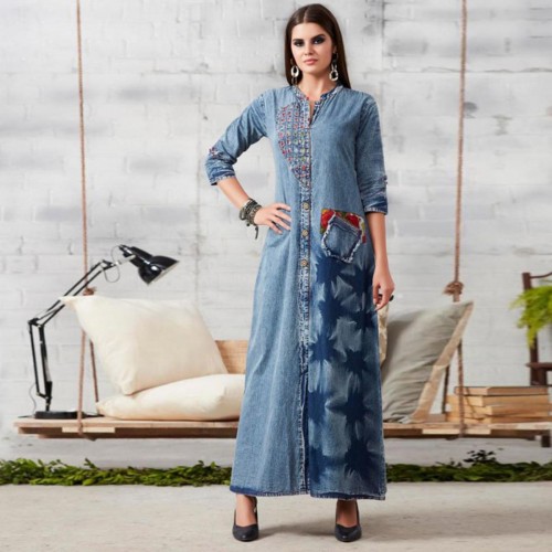 Marvellous Blue Colored Casual Embroidered Denim Top