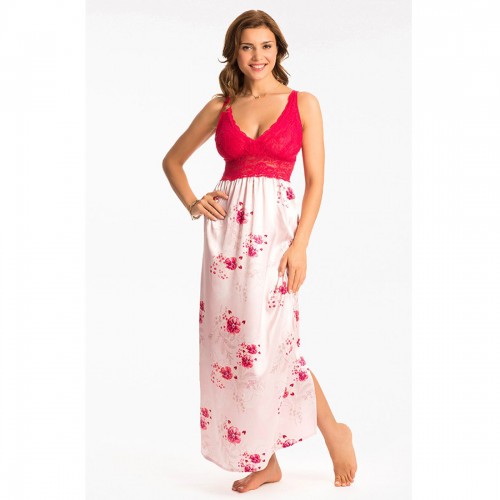 Prettysecrets Pink Pearl Rose Lace Long Nightdress